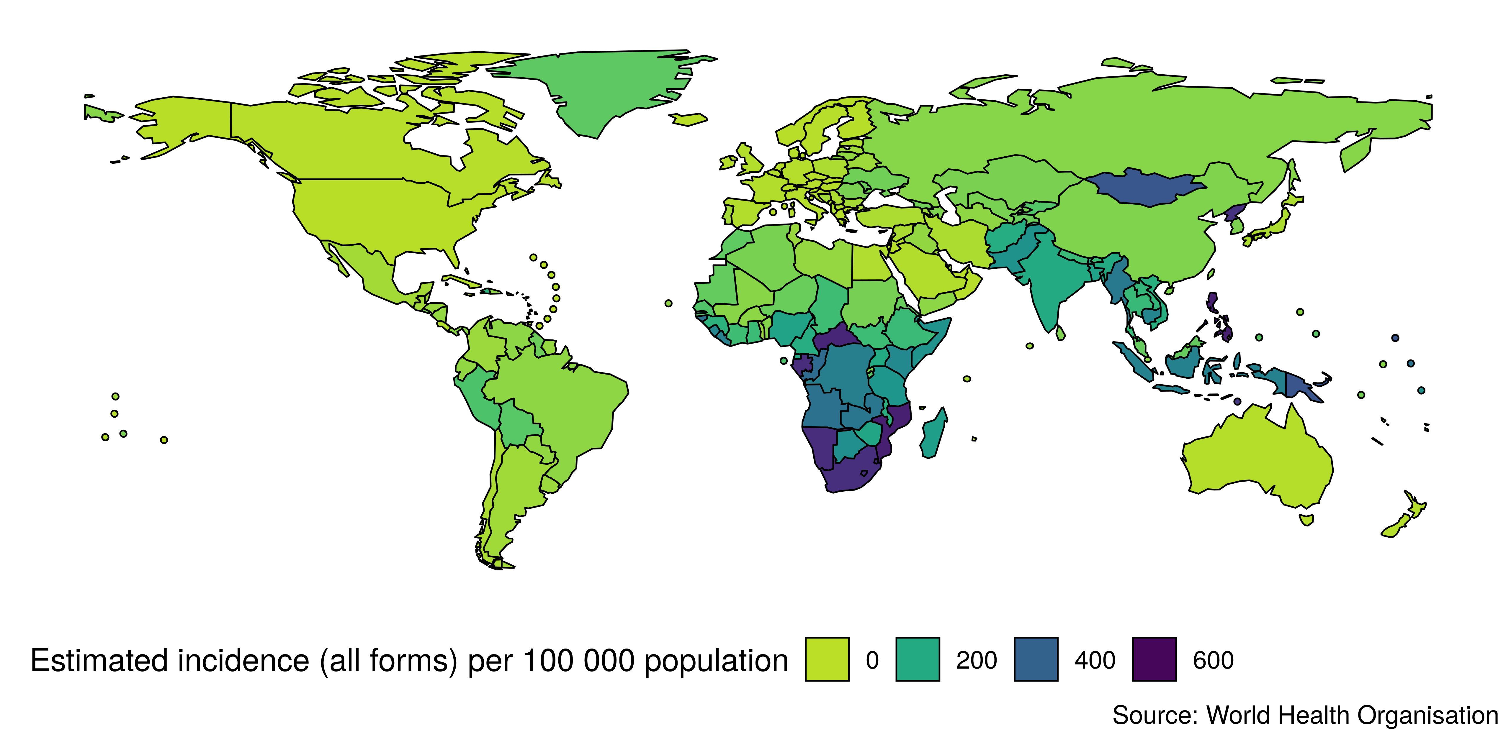 Global map of country level TB incidence rates (per 100,000 population) in 2017. Note the clustering of countries with high incidence rates in southern and central Africa and southern Asia. Incidence rates in the legend refer to the lower bound for each colour.