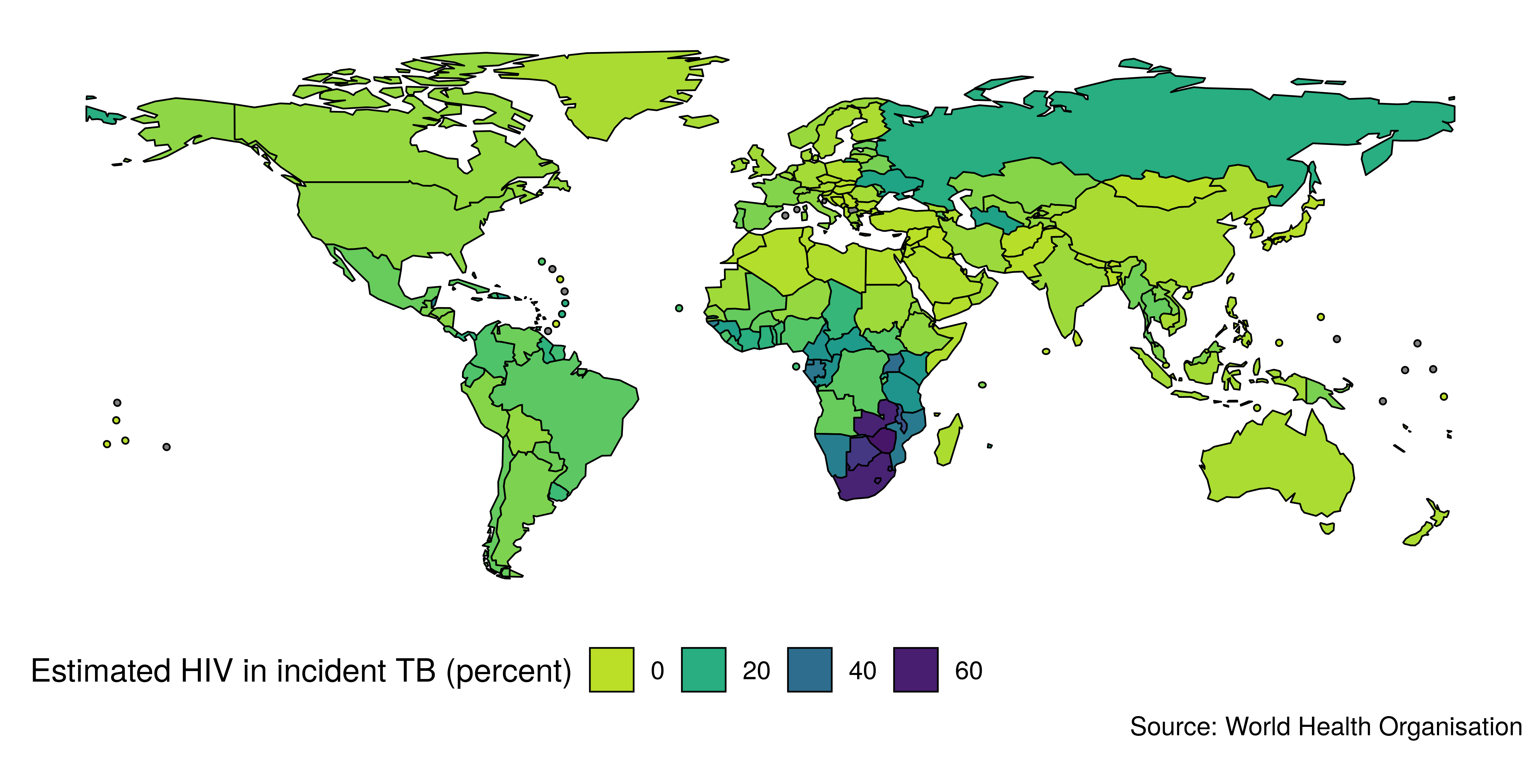 Global map of estimated HIV in incidence TB (percent) in 2018. Note the high percentage of TB cases with HIV in sub-saharan Africa. The percentages of HIV in incident TB in the legend refer to the lower bound for each colour.