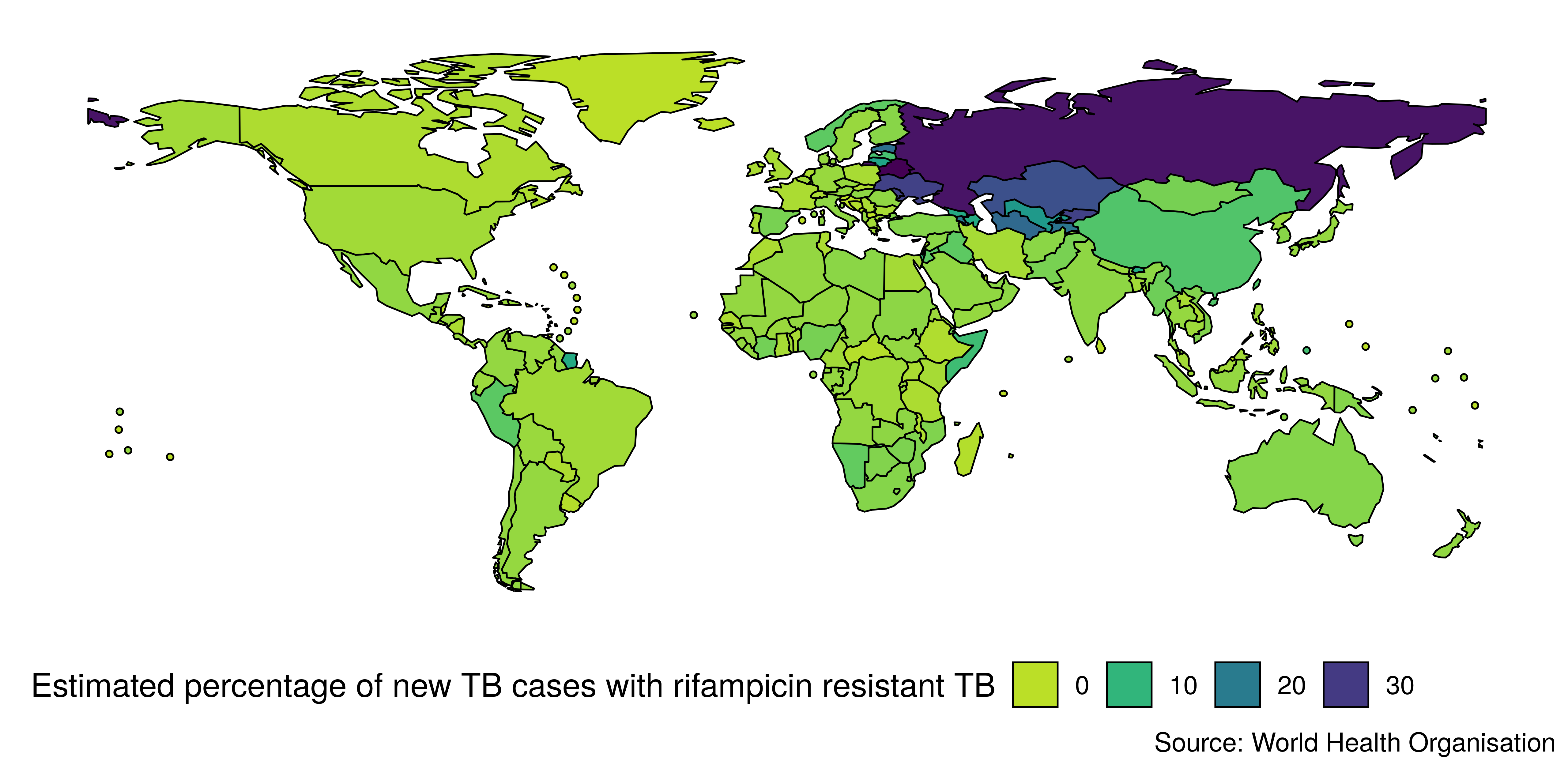 Global map of the estimated percentage of new TB cases with rifampicin resistance (percent) in 2018. Note that a far higher percentage of TB cases have rifampicin resistance in the former Soviet Union that in the rest of the world. The percentages of rifampicin resistances in incident TB in the legend refer to the lower bound for each colour.